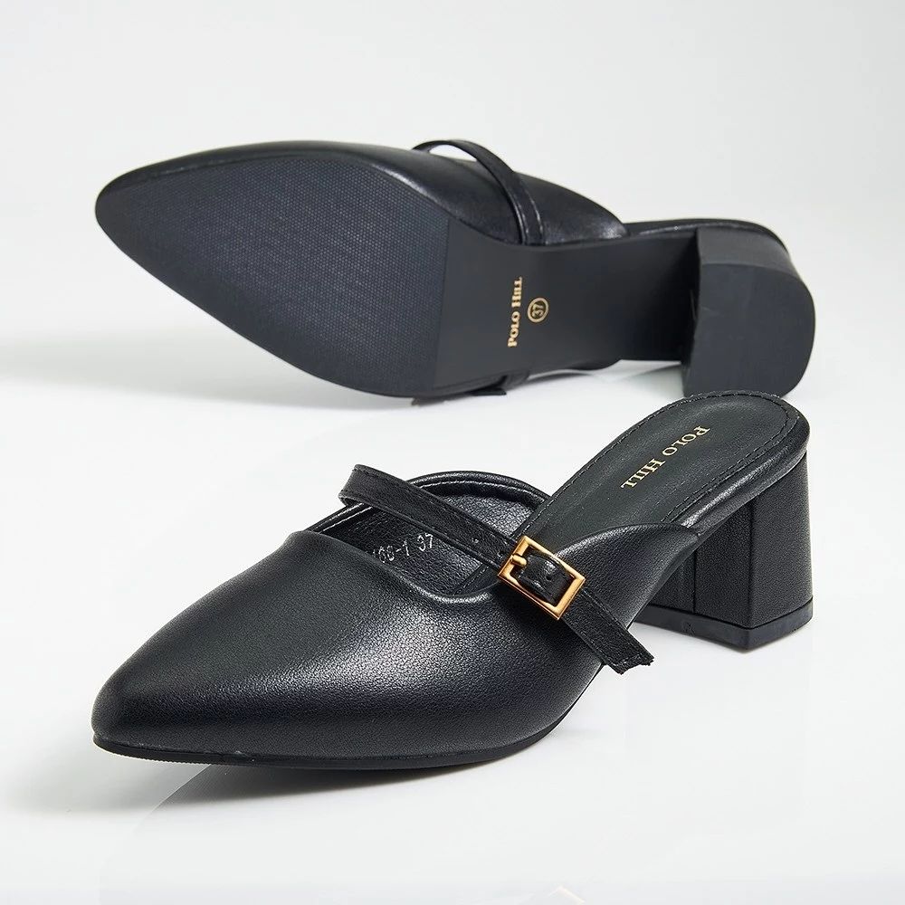VEL (109) Black Strap Block Heel Mules - Image 1