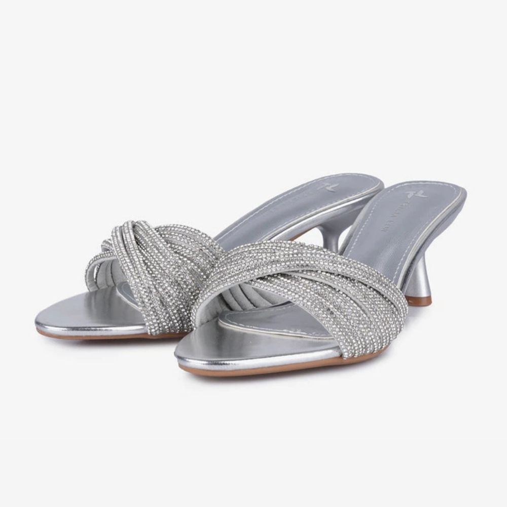 VEL (58) Silver Crystal Strap Heeled Mules - Image 1