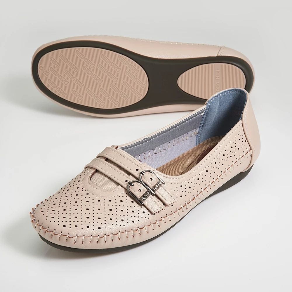 VEL (79) Beige Perforated Buckle Flats - Image 1